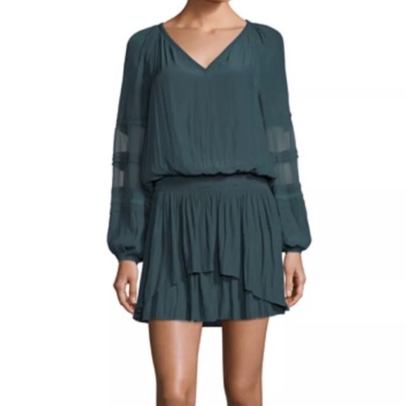 Ramy Brook Silk Aidan Green Long Sleeve Smocked Waist Mini Dress MSRP $425 - Picture 1 of 7